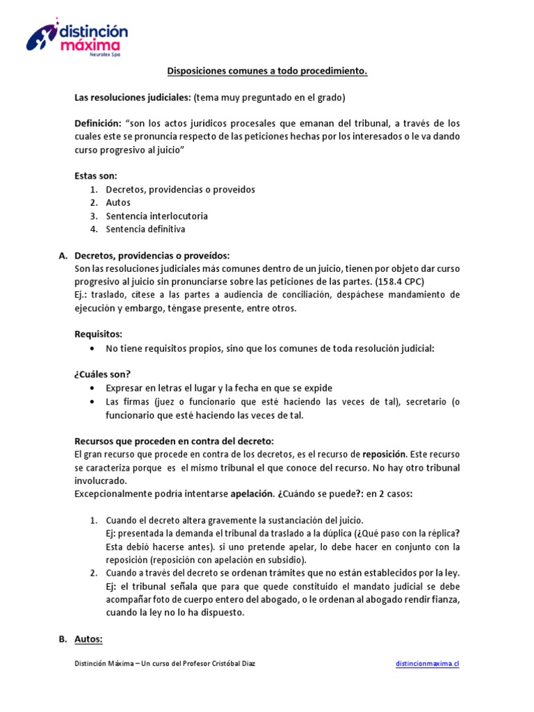 Resoluciones judiciales en procedimientos: decretos, autos, sentencias