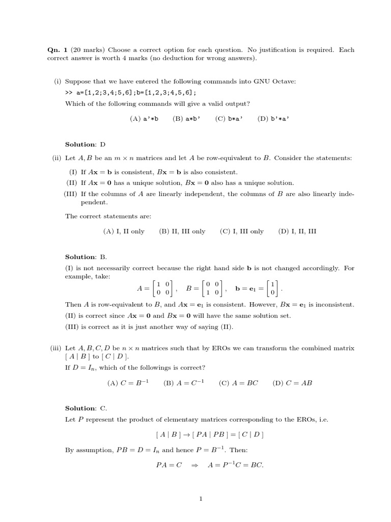 Matrix Operations and Linear Algebra Solutions | PDF | System Of Linear ...