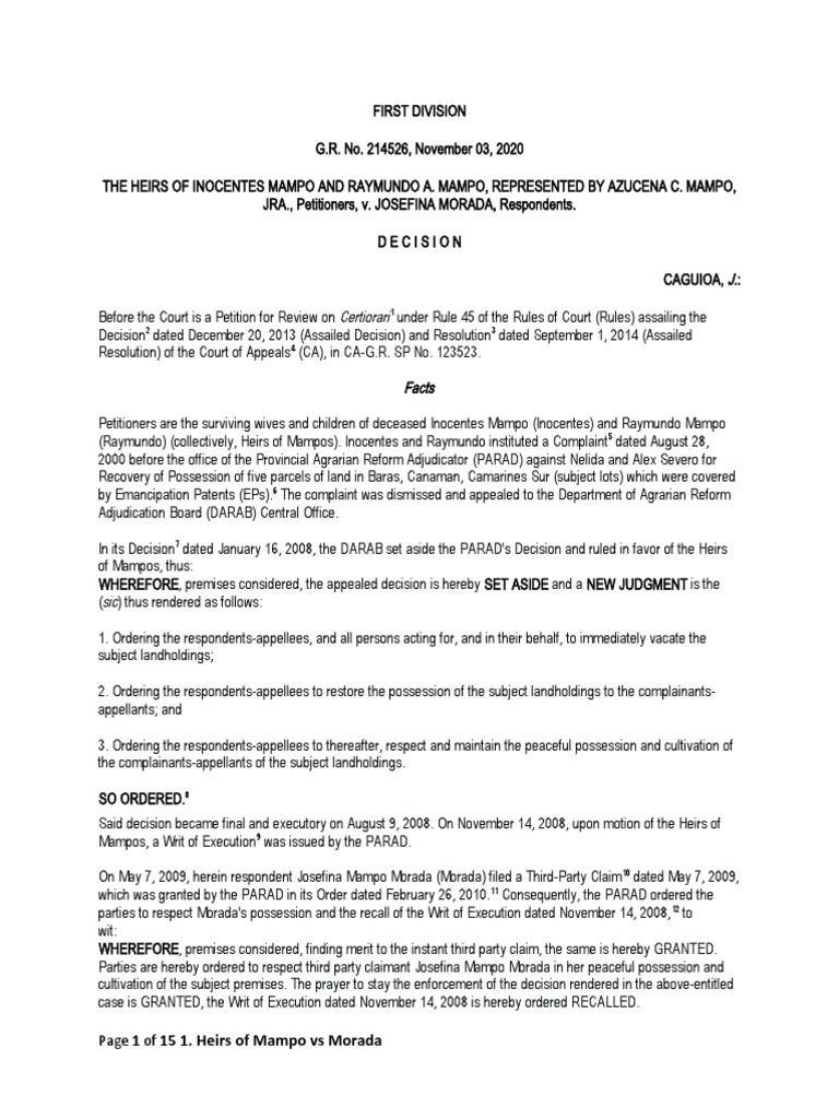 Heirs of Mampo vs. Morada Case Review | PDF | Lawsuit | Judgment (Law)