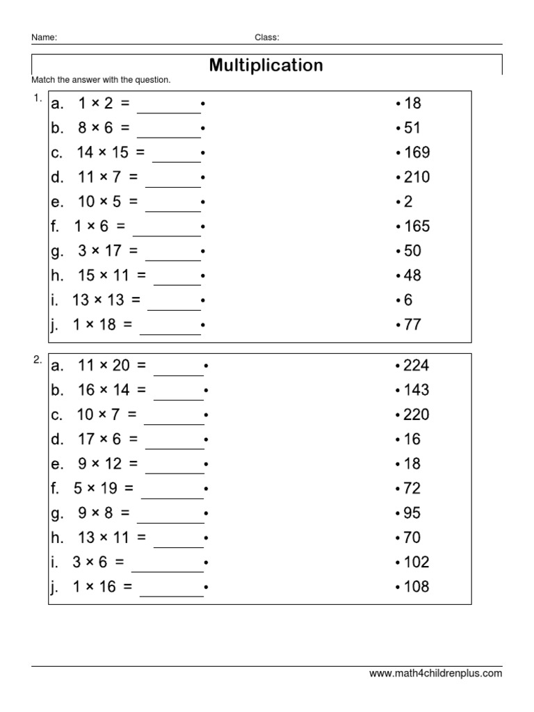 Multiplication matching exercise pdf