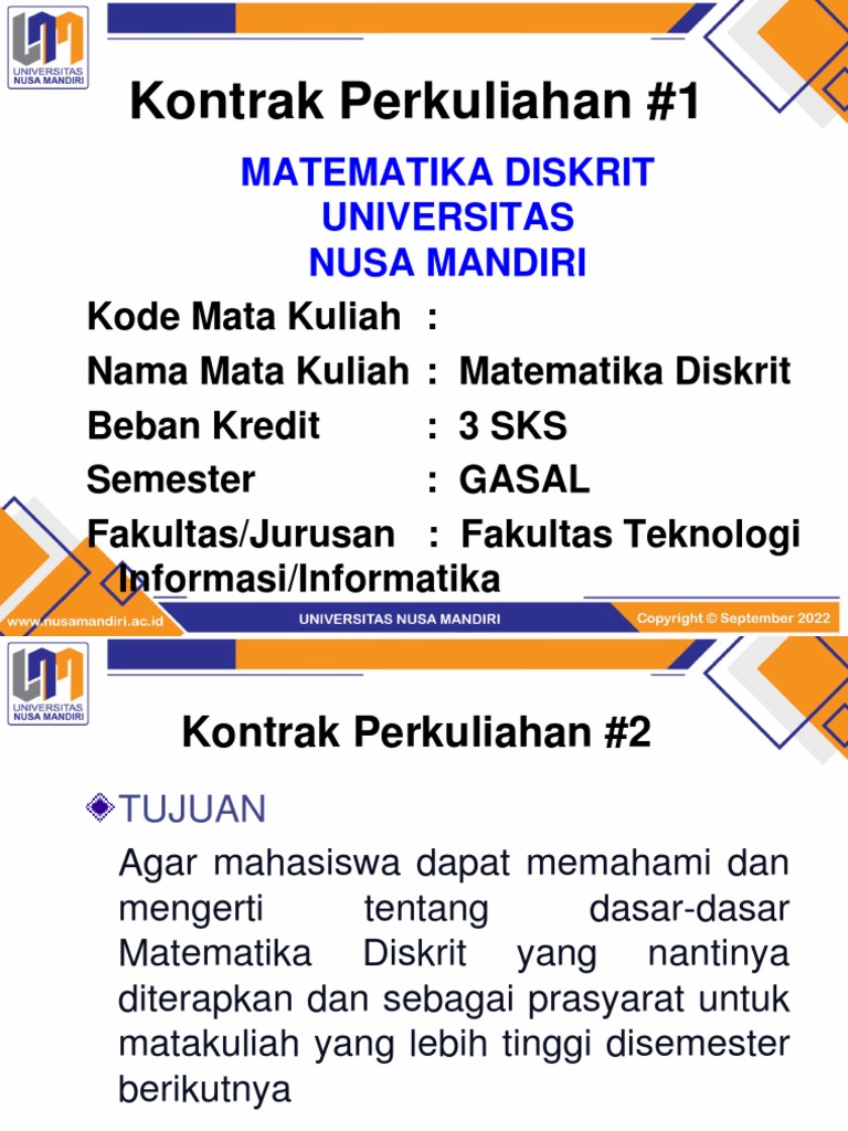 Kontrak Kuliah Matematika Diskrit 2023 | PDF