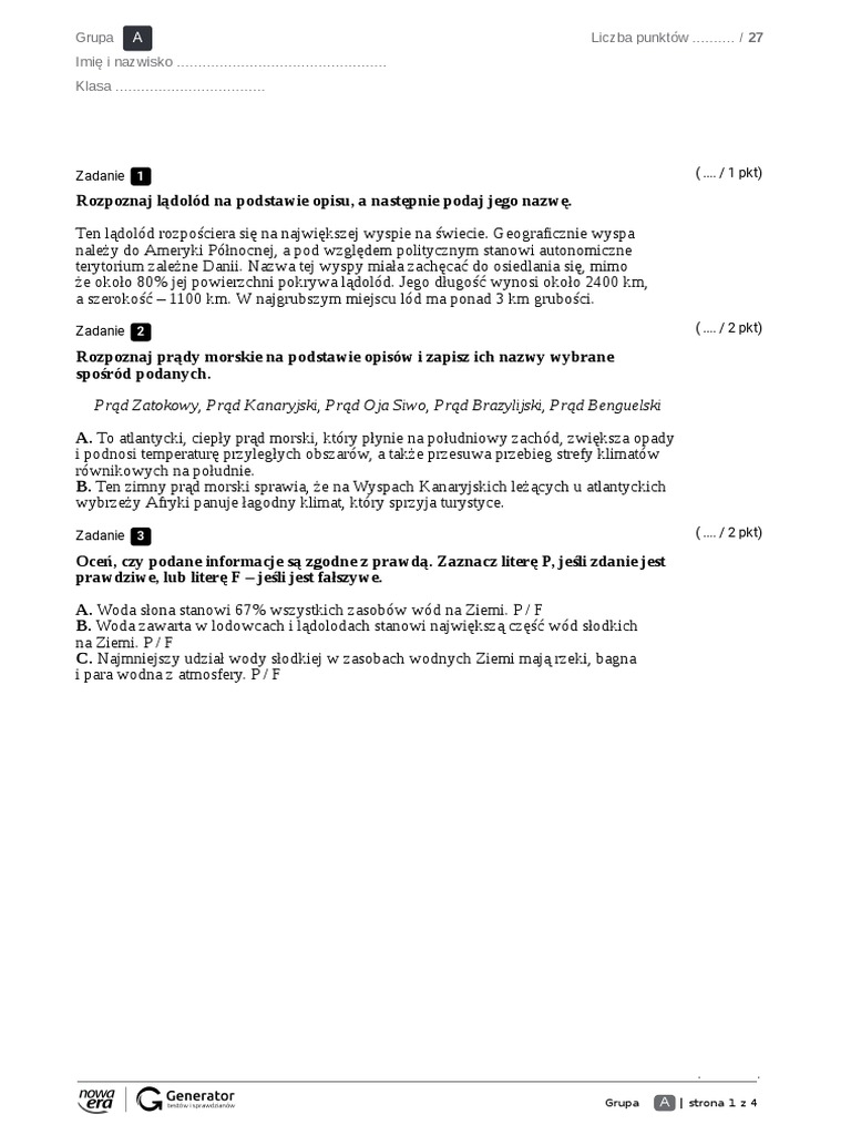Geografia Nowa Era 1 Liceum Geografia 1a Test Hydrosfera 06.04 | PDF