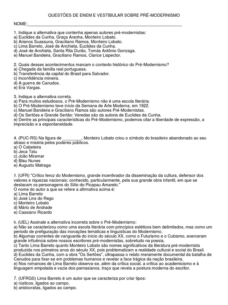 Questões sobre Pré-Modernismo ENEM e Vestibulares | PDF | Crítica