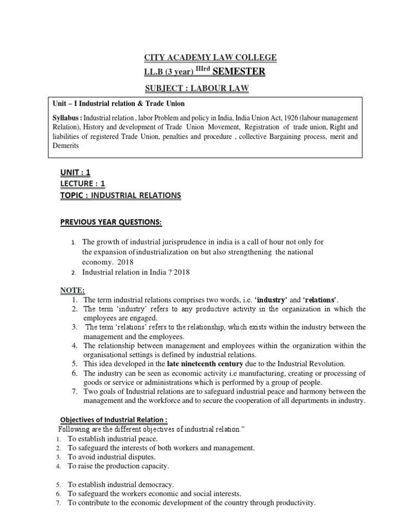 Labour Law Lecture Notes 3 Year Semester Unit 1 Pdf Cost Of Living