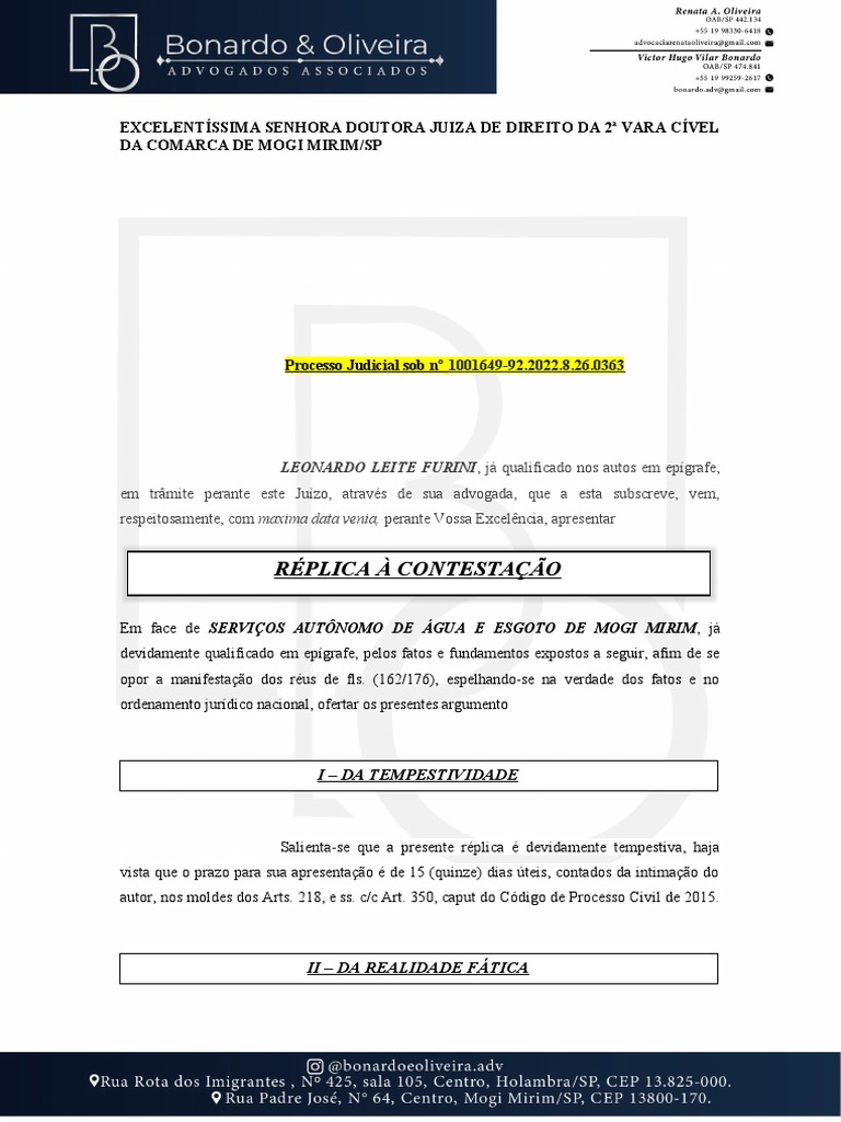 Réplica à Contestação - Novo CPC | PDF | Réu | Tempo