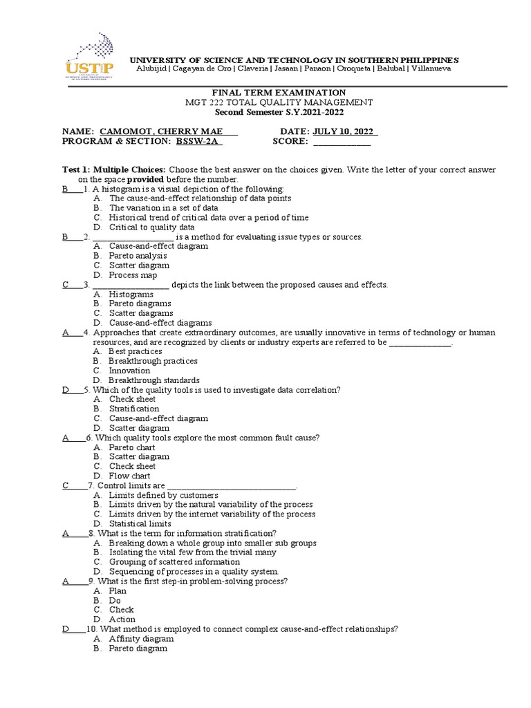 TQM Final Examination Test Questionnaires | PDF | Reliability ...