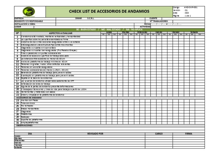 SST-ZWR-013 Check List Andamios | PDF