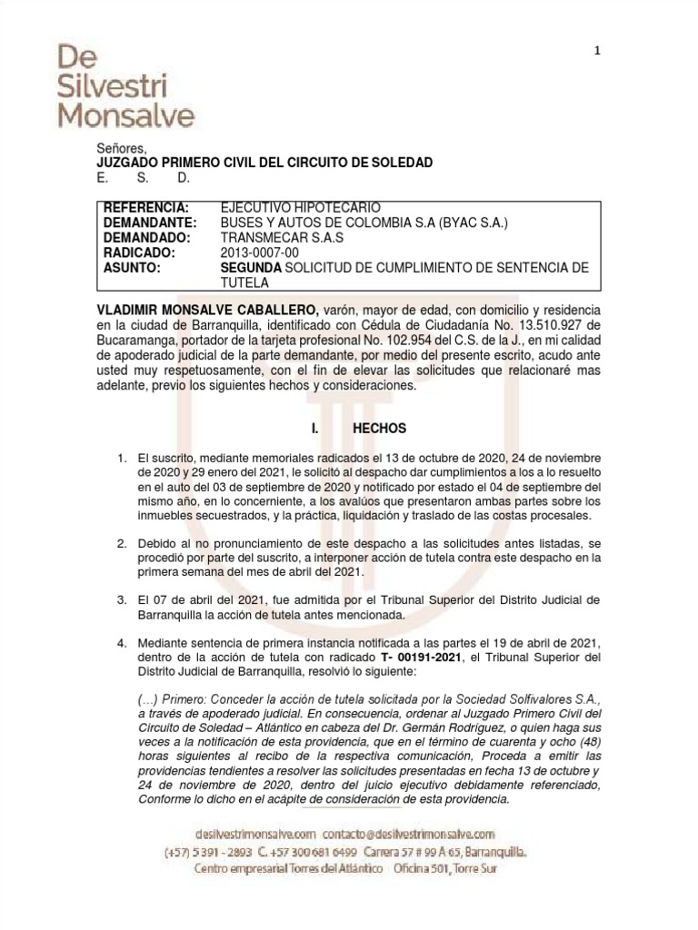 2013-0007-00 Segunda Solicitud de Cumplimiento de Sentencia Detutela