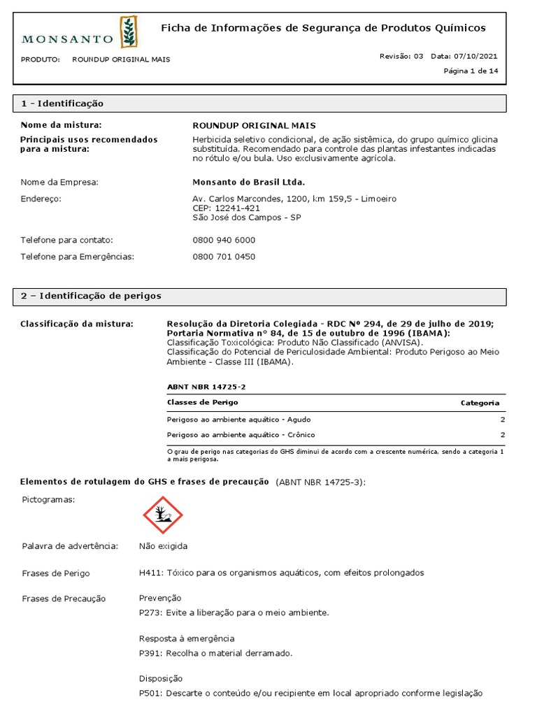 FISPQ - Roundup-Original-Mais-Fispq | PDF