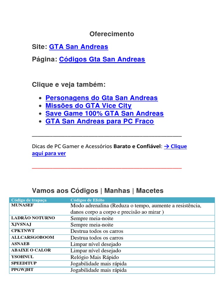 Mods GTA San Andreas: Cheats GTA San Andreas PC (Códigos, trapaças, senhas)