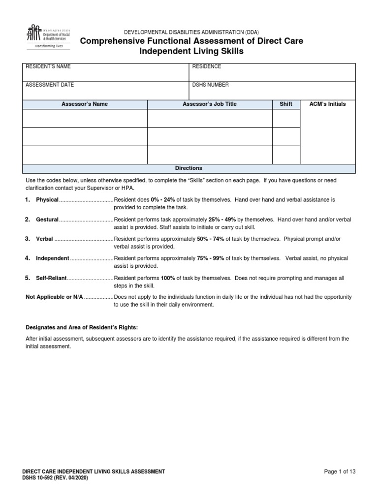 Comprehensive functional assessment of direct care independent living