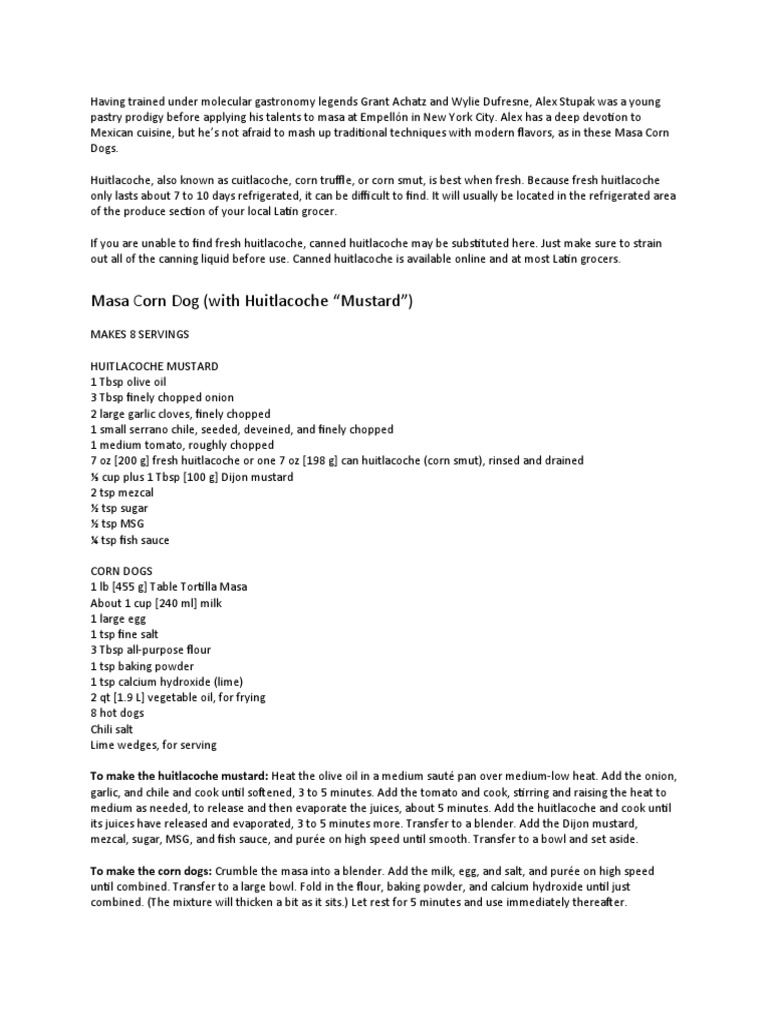 Corn Dog Recipe From "Masa" PDF Mustard (Condiment) Mexican Cuisine