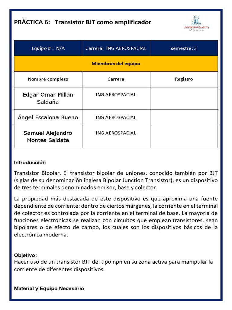 PRÁCTICA 5 Transistor BJT Como Amplificador (Zona Lineal o Activa