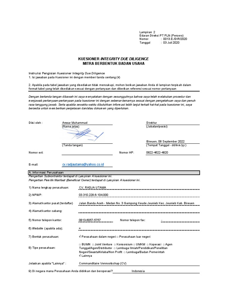 Kuesioner Pengisian IDD PLN | PDF