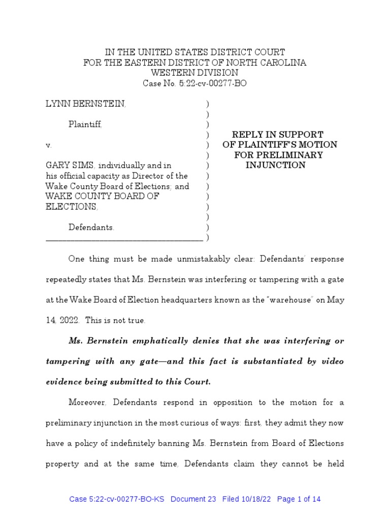 Bernstein v. Sims, Reply in Support of Motion For Preliminary ...