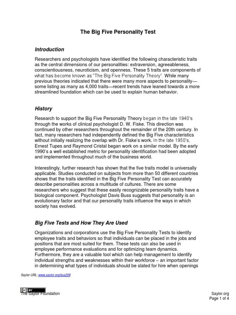 S The Big Five Personality Test Pdf Extraversion And Introversion