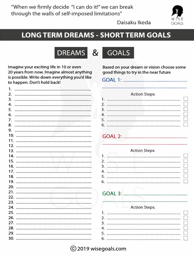 Wisegoals Long Term Dreams Short Term Goals Worksheet 2019 | PDF