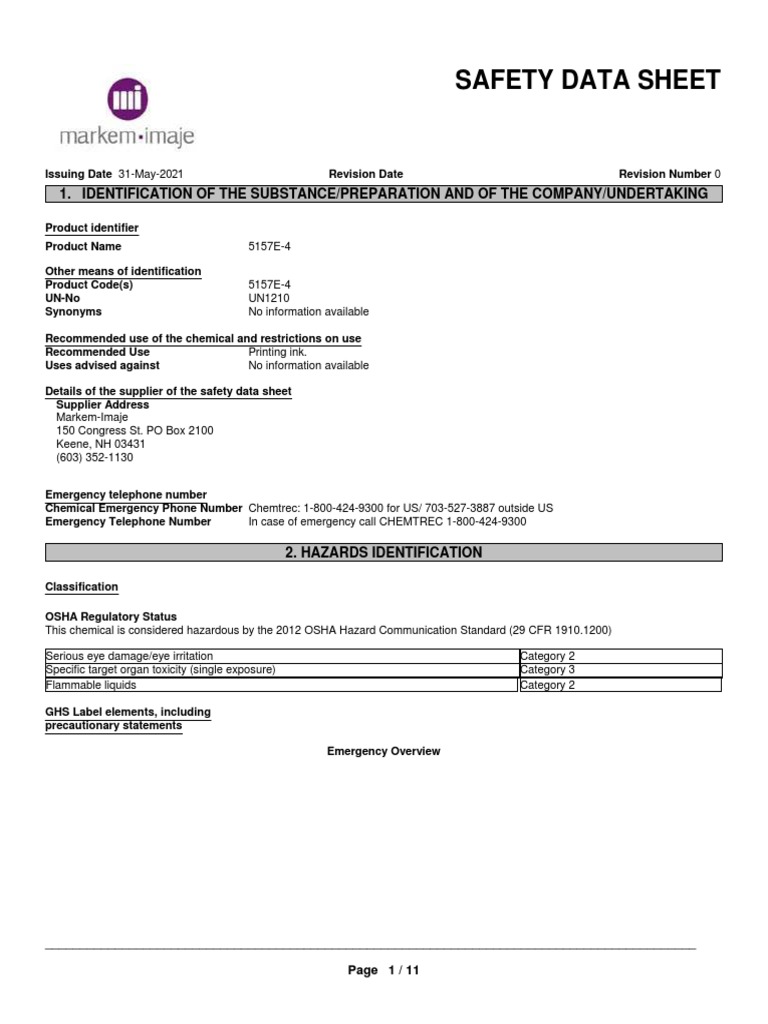 Safety Data Sheet for 5157E-4 Ink | PDF