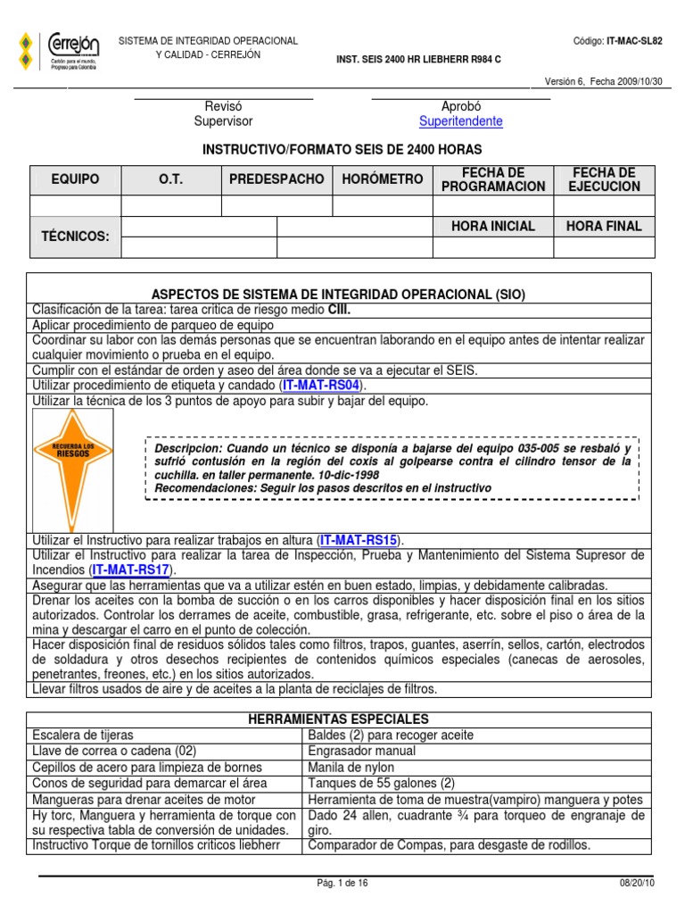 Instructivo SEIS 2400 Horas Liebherr R984 C | PDF | Bomba | Tornillo