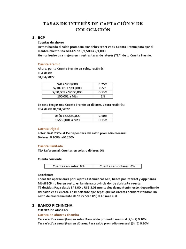 Tasas de Interés de Captación y de Colocación | Descargar gratis PDF ...