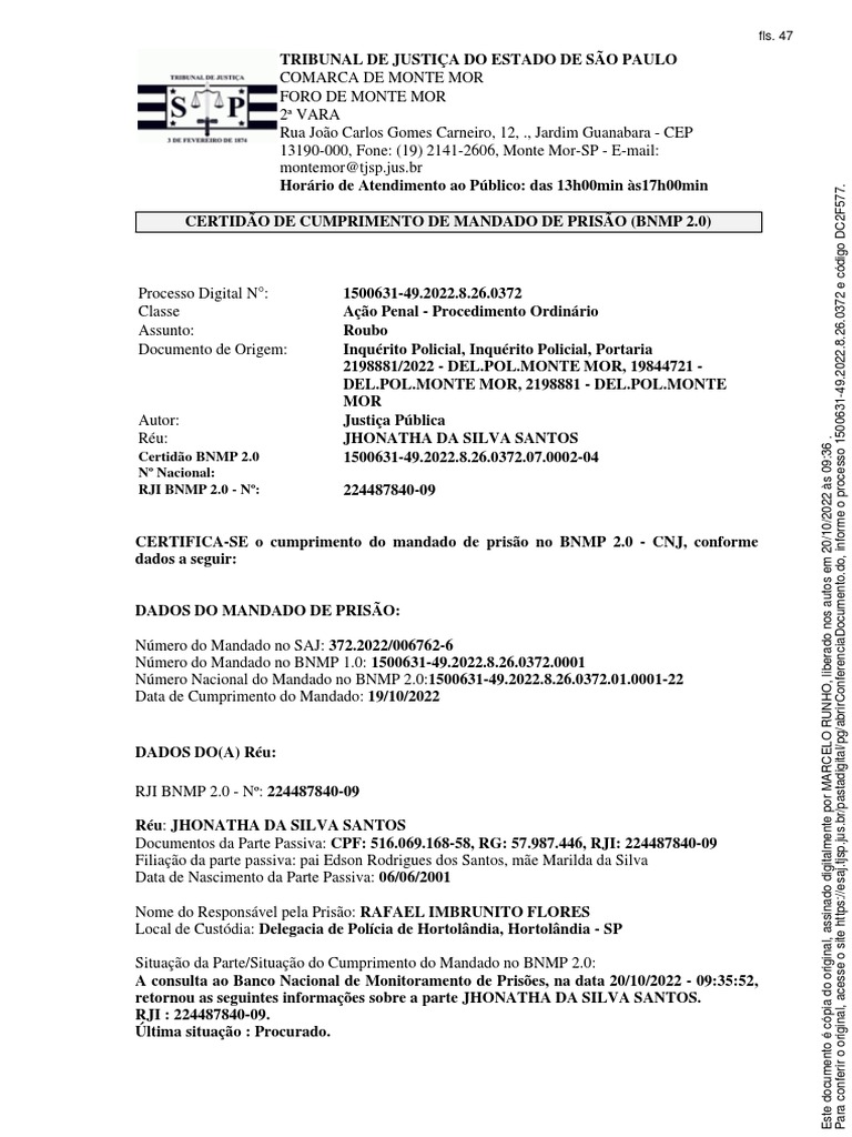 Certidão de Cumprimento de Mandado de Prisão de Jhonatha da Silva ...