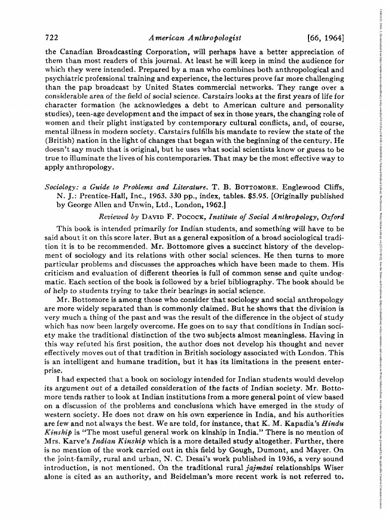 American Anthropologist June 1964 Pocock Sociology A Guide To