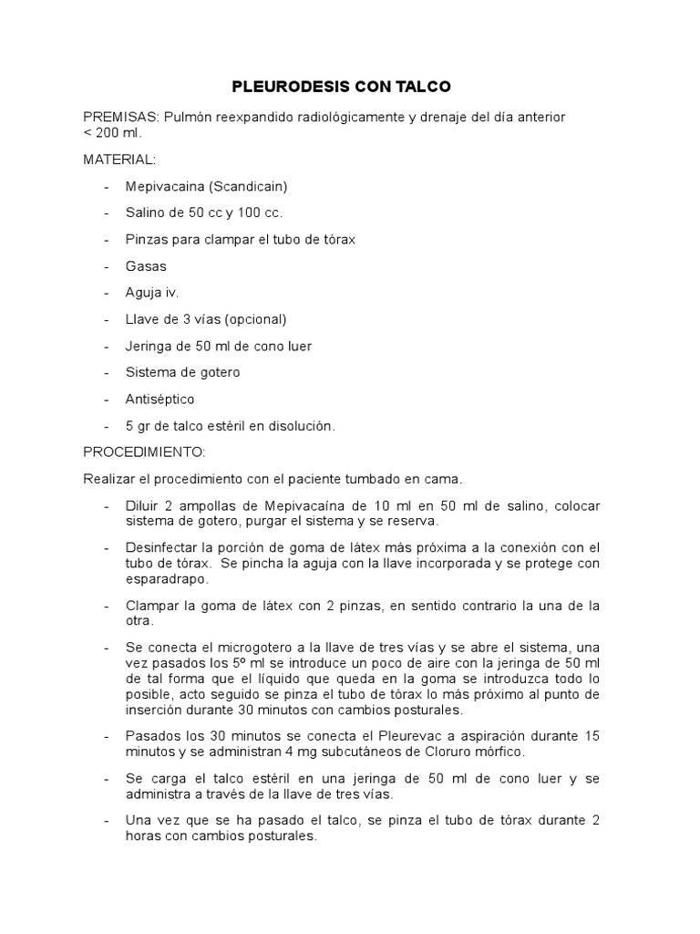Procedimiento de Pleurodesis con Talco | PDF | Enfermedades y ...