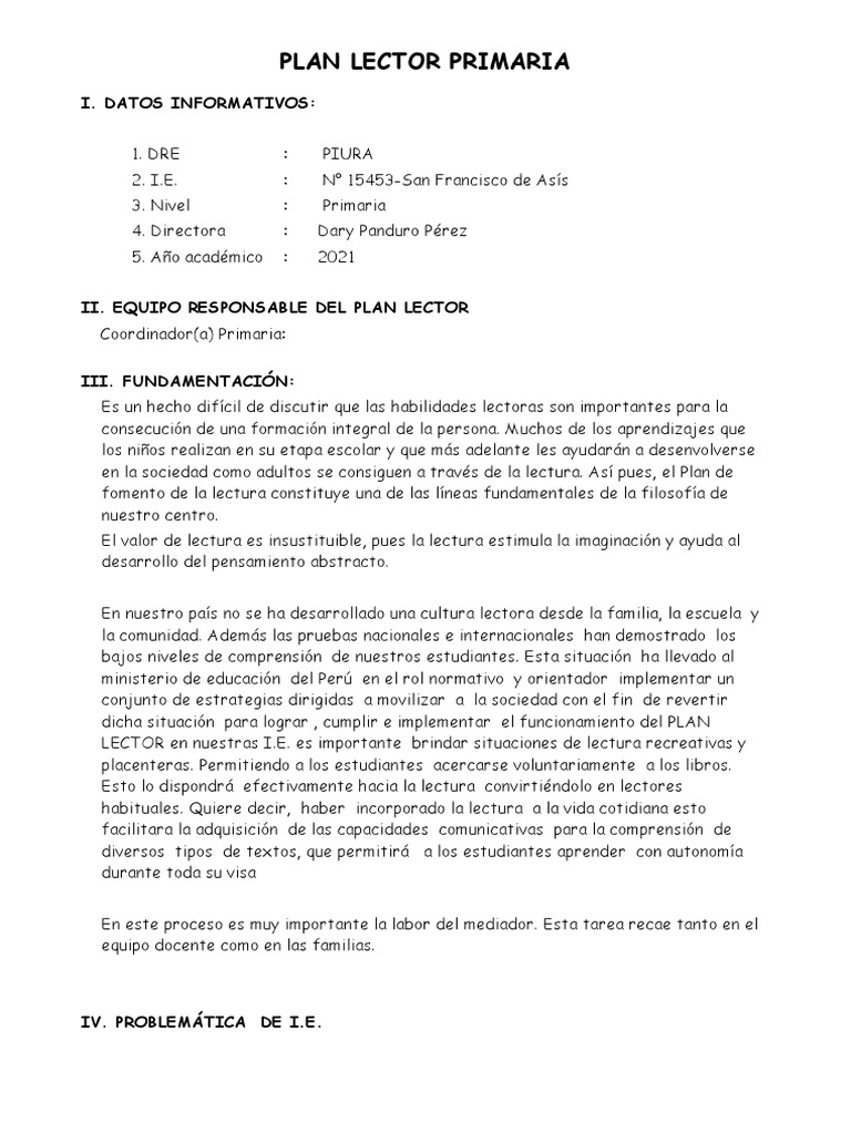 Plan Lector Primaria | PDF | Educación primaria | Salón de clases