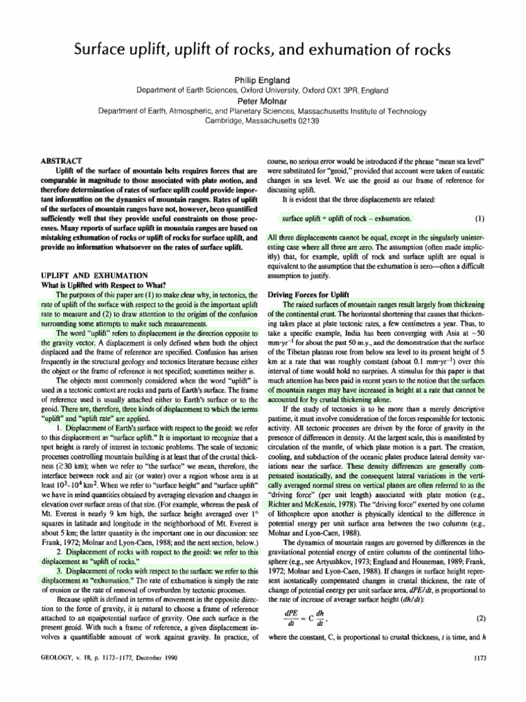 England & Molnar 1990 Surface Uplift Exhumatio Geology | PDF
