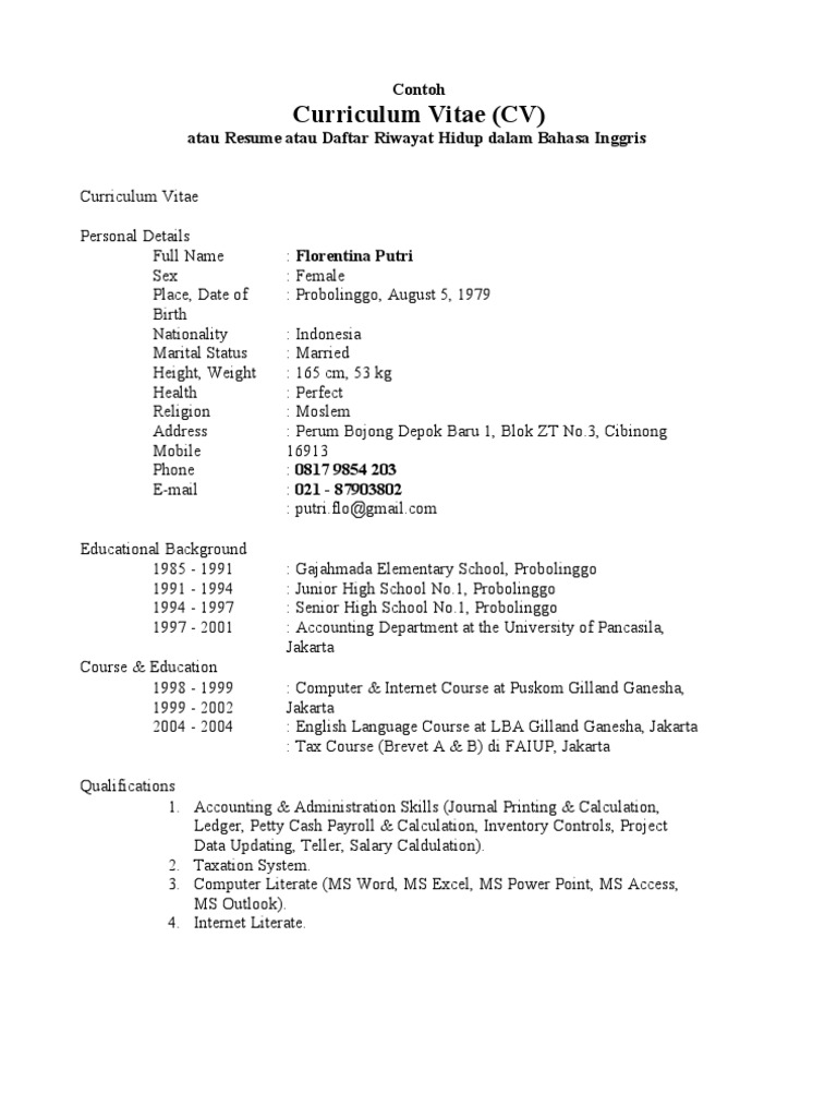 Contoh Cv Bahasa Inggris Economies Business