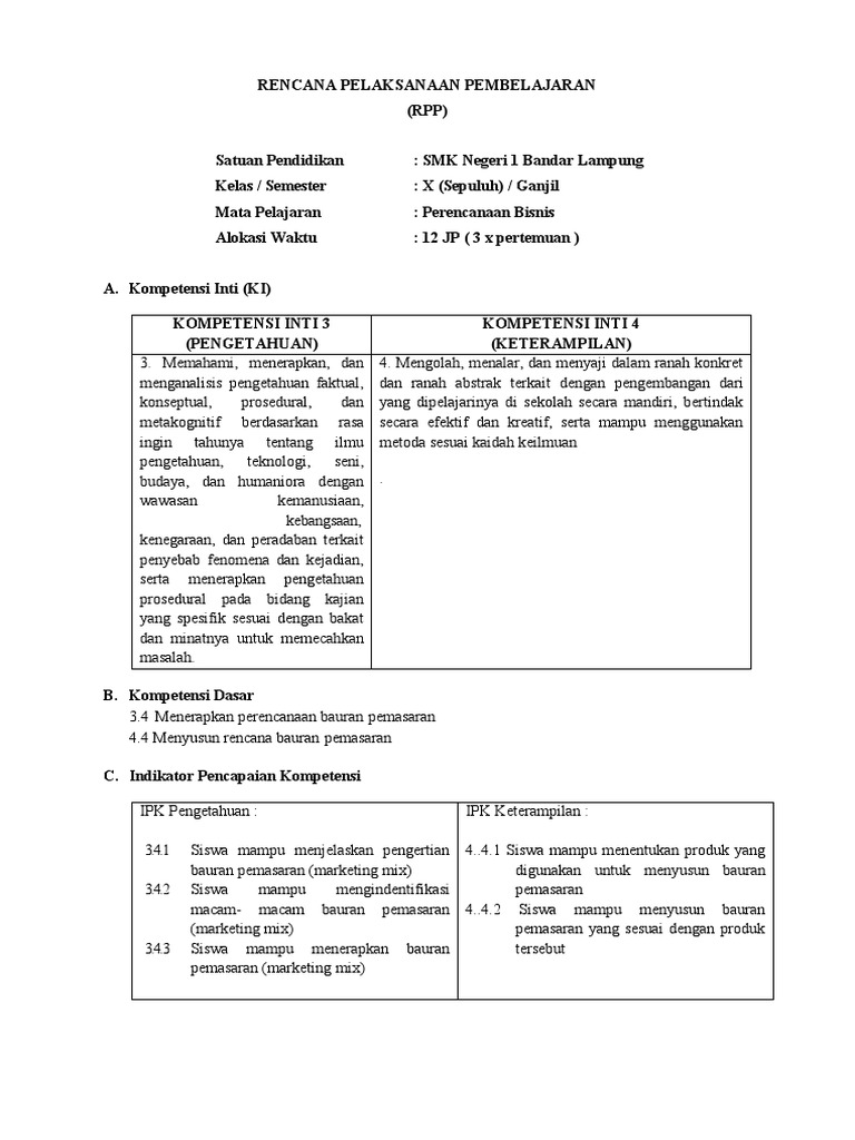 RPP Bauran Pemasaran SMK Ganjil | PDF
