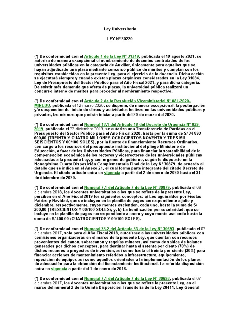 Ley Universitaria Ley 30220 (Actualizada Al 03.08.2022) PDF