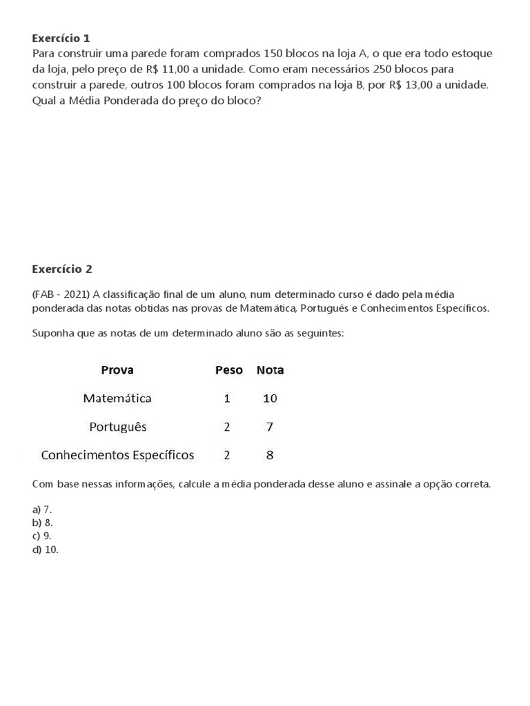 Exercícios de Média Ponderada 7º Ano | PDF