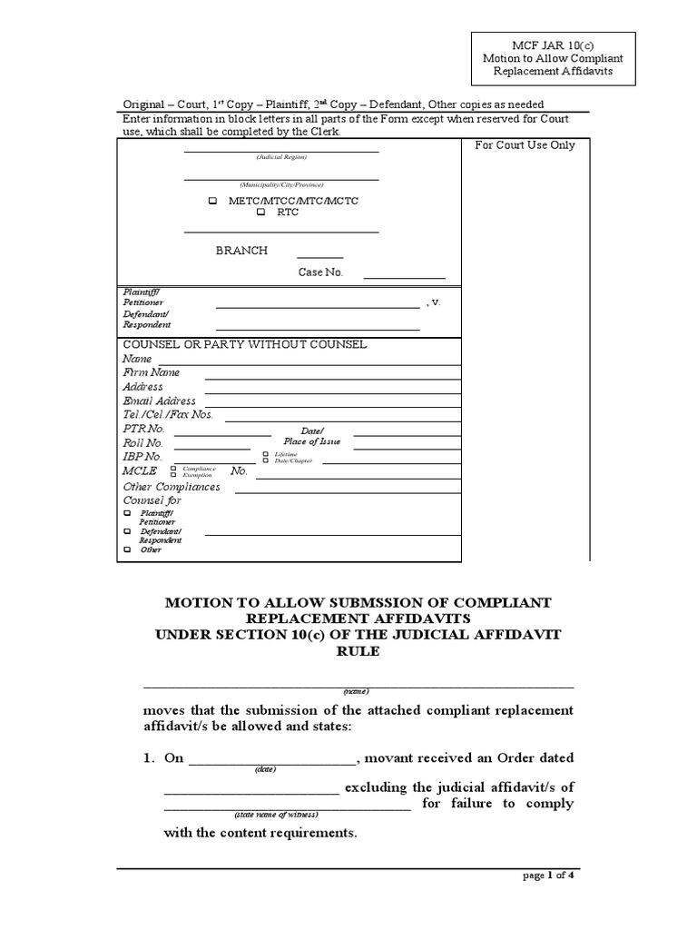 Motion To Allow Compliant Replacement Affidavits SAMPLE FOR ACADEMIC