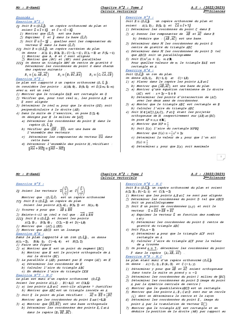 Calculs Vectoriels 2 Eme Sciences 2023 | PDF | Coordonnées cartésiennes ...