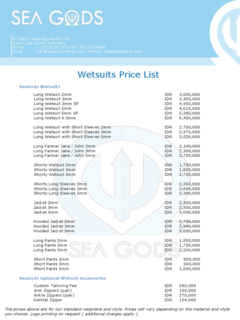 Wetsuit Price List 2022 PDF Diving Equipment Sports Equipment
