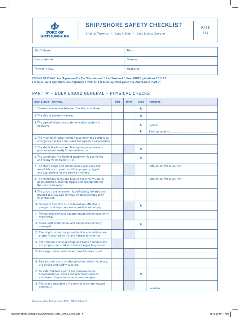 Ship Shore Safety Checklist Part A PDF Oil Tanker Ships