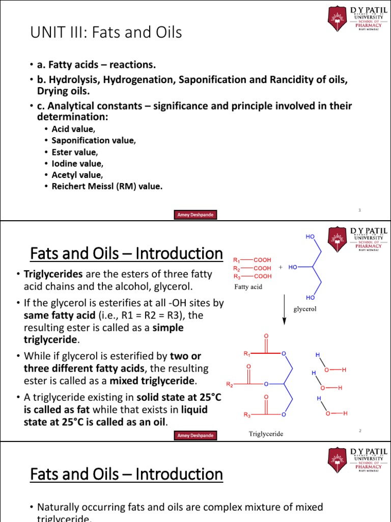 UNIT III Oils and Fats PDF Triglyceride Fatty Acid