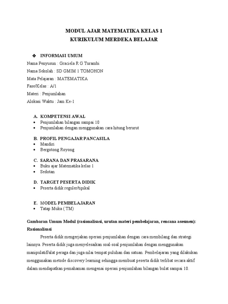 Modul Ajar Penjumlahan Kelas 1 SD | PDF | Karier & Perkembangan