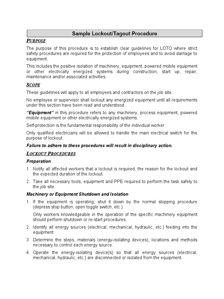 Sample Loto Procedure PDF Electricity Electrical Engineering