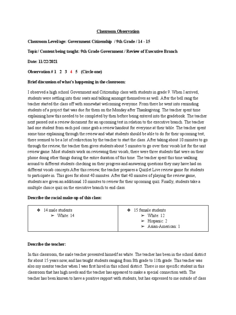 Classroom Observation Practicum 4 | PDF | Teaching Method | Teachers