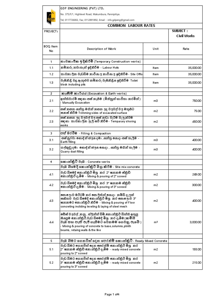 Company Common Labour Rates Sri Lanka PDF
