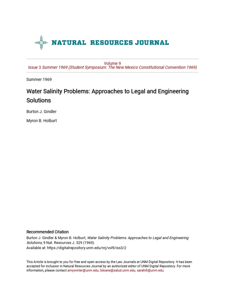 Water Salinity Problems Approaches To Legal and Engineering Water
