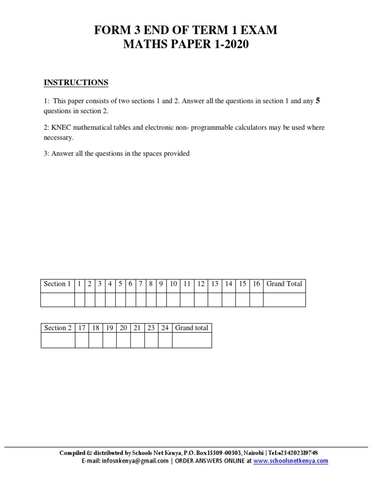Maths Paper 1 Form 3 2020 PDF Circle Area