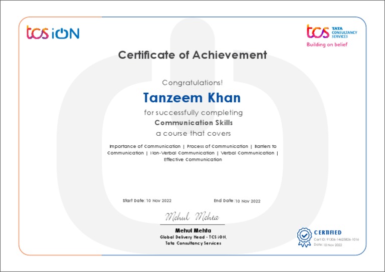 Communication Skills Certificate: Tanzeem Khan | PDF