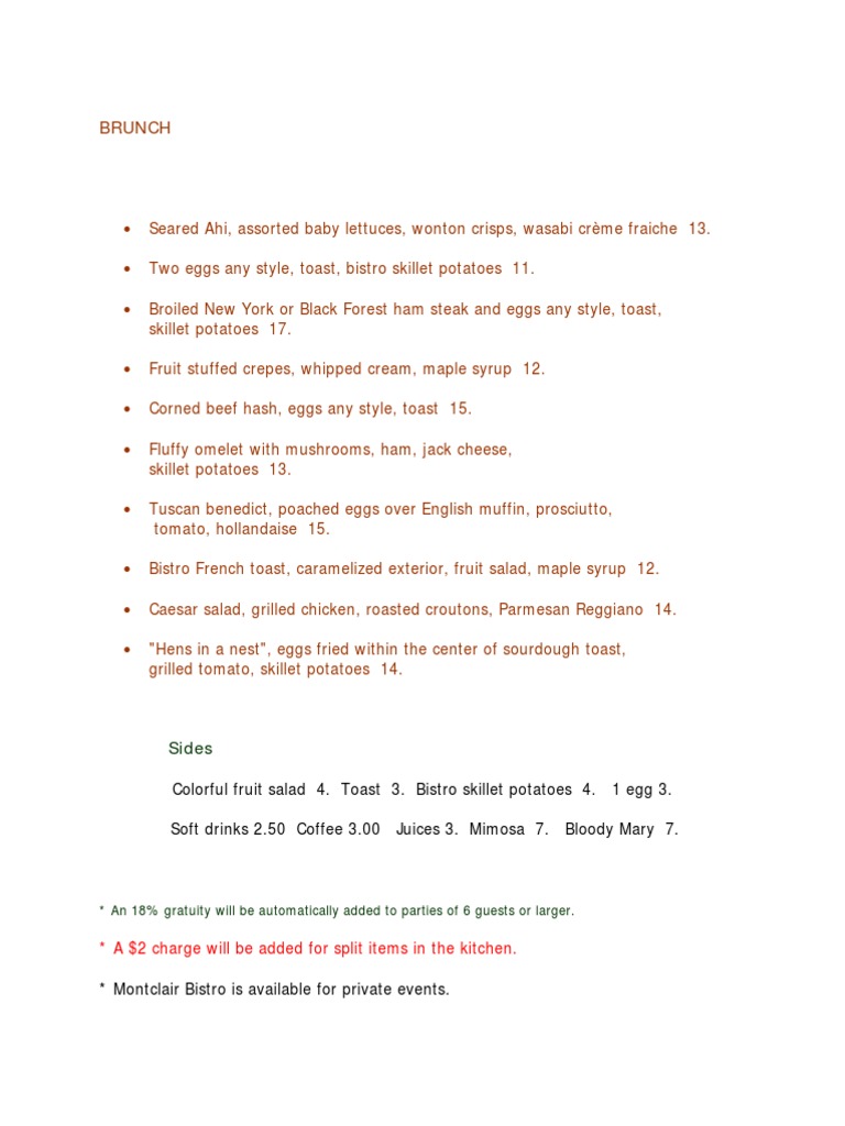 Montclair Bistro Brunch Menu | PDF