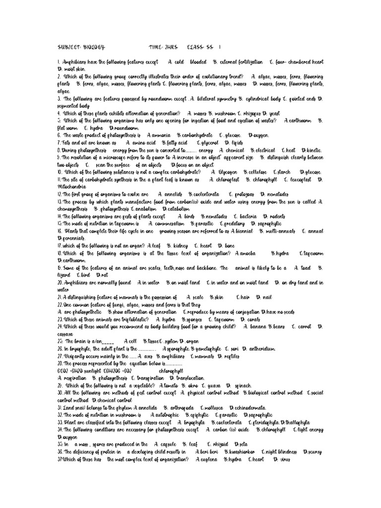 Biology SS1 Question PDF Plants Photosynthesis