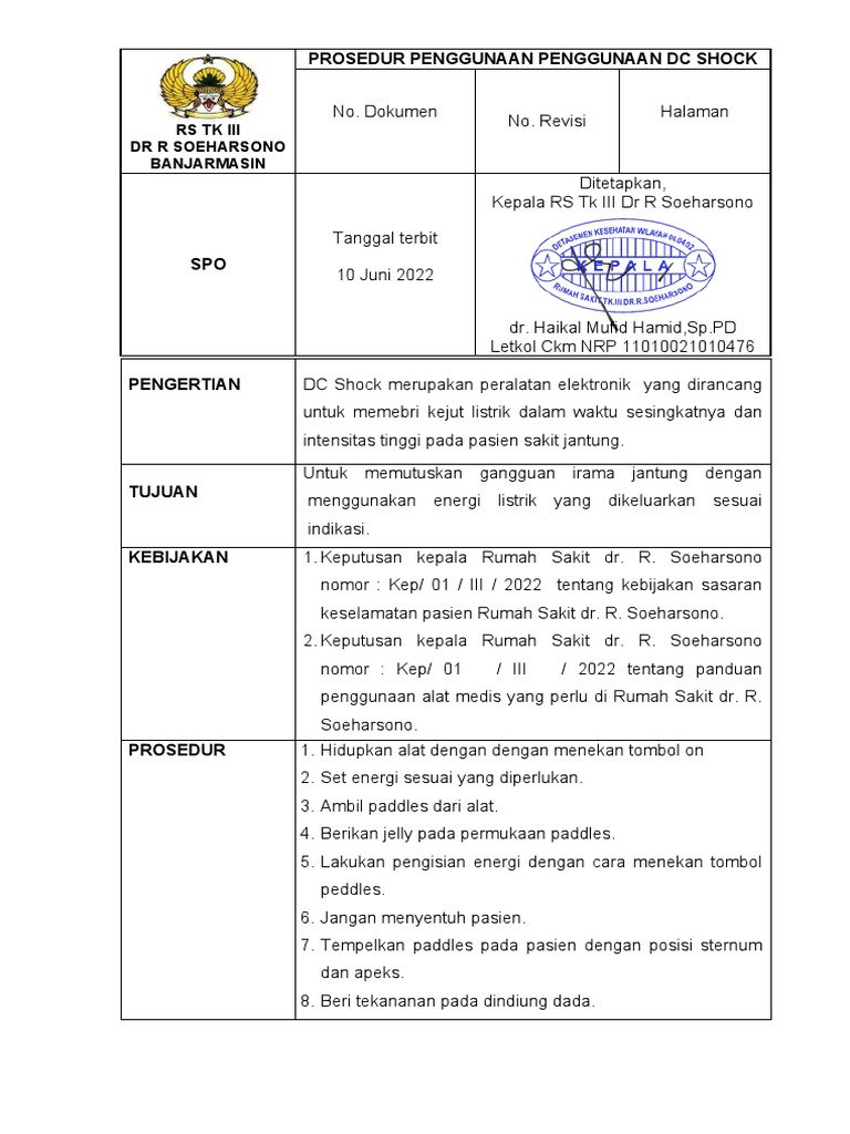 Prosedur Penggunaan DC Shock RS Soeharsono | PDF | Sains & Matematika