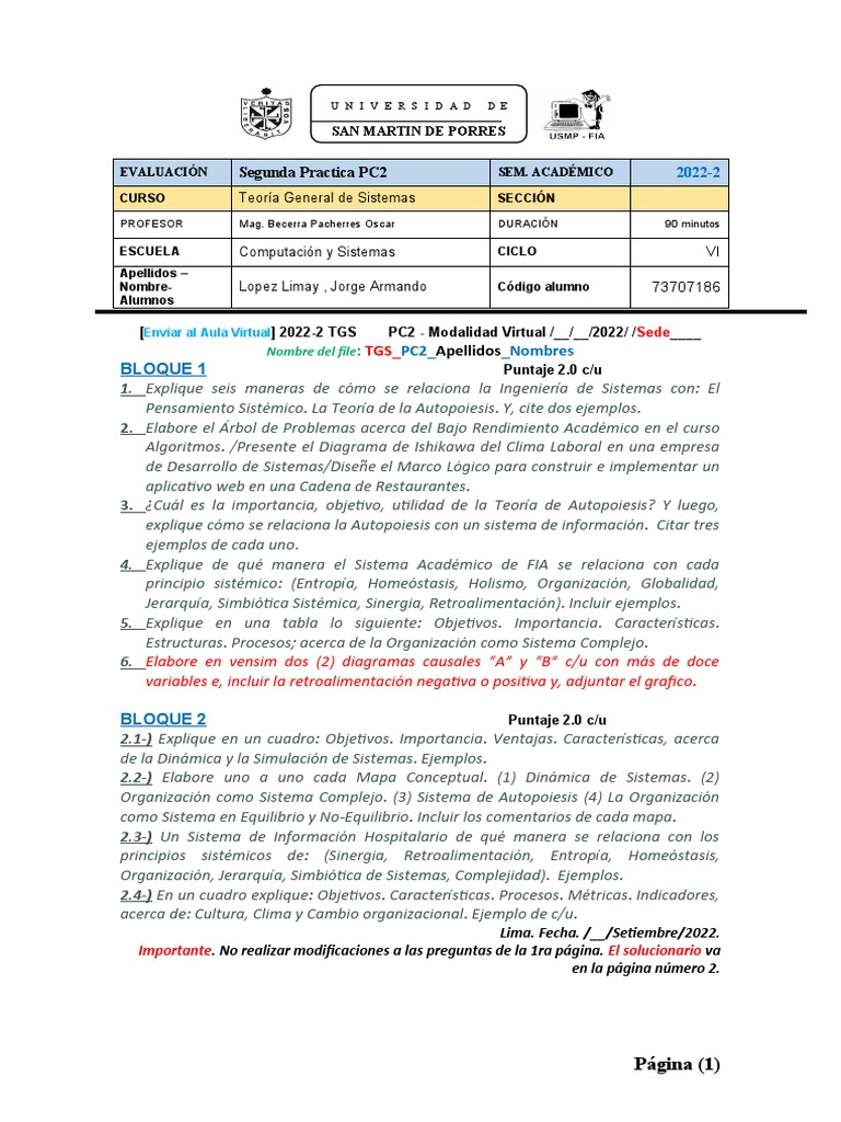 TGS 2022 2 PC2 2022 Ii PC2 | PDF | Teoría de sistemas | Realimentación