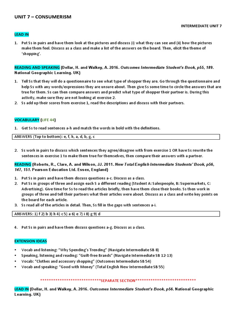Accelerate 2E Unit 7 INT - Consumerism - Teacher - S Notes - Edited 17. ...